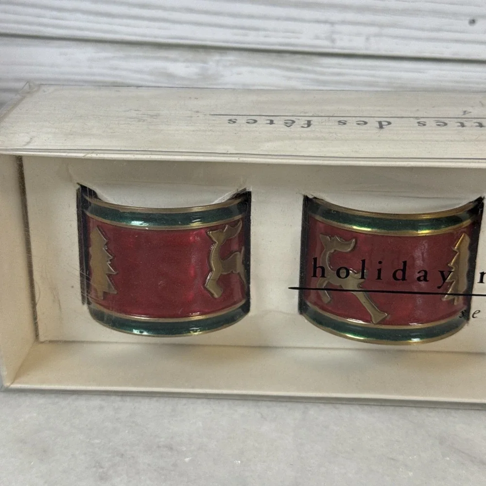 Set of 4 Pier 1 Imports Brass Holiday Napkin Rings Christmas Reindeer & Trees